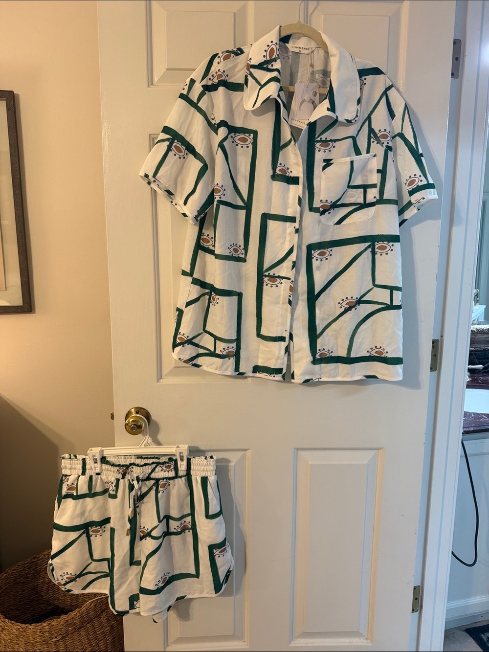 Commense White Pajama Set with Green Geometric and Brown Sun Accents